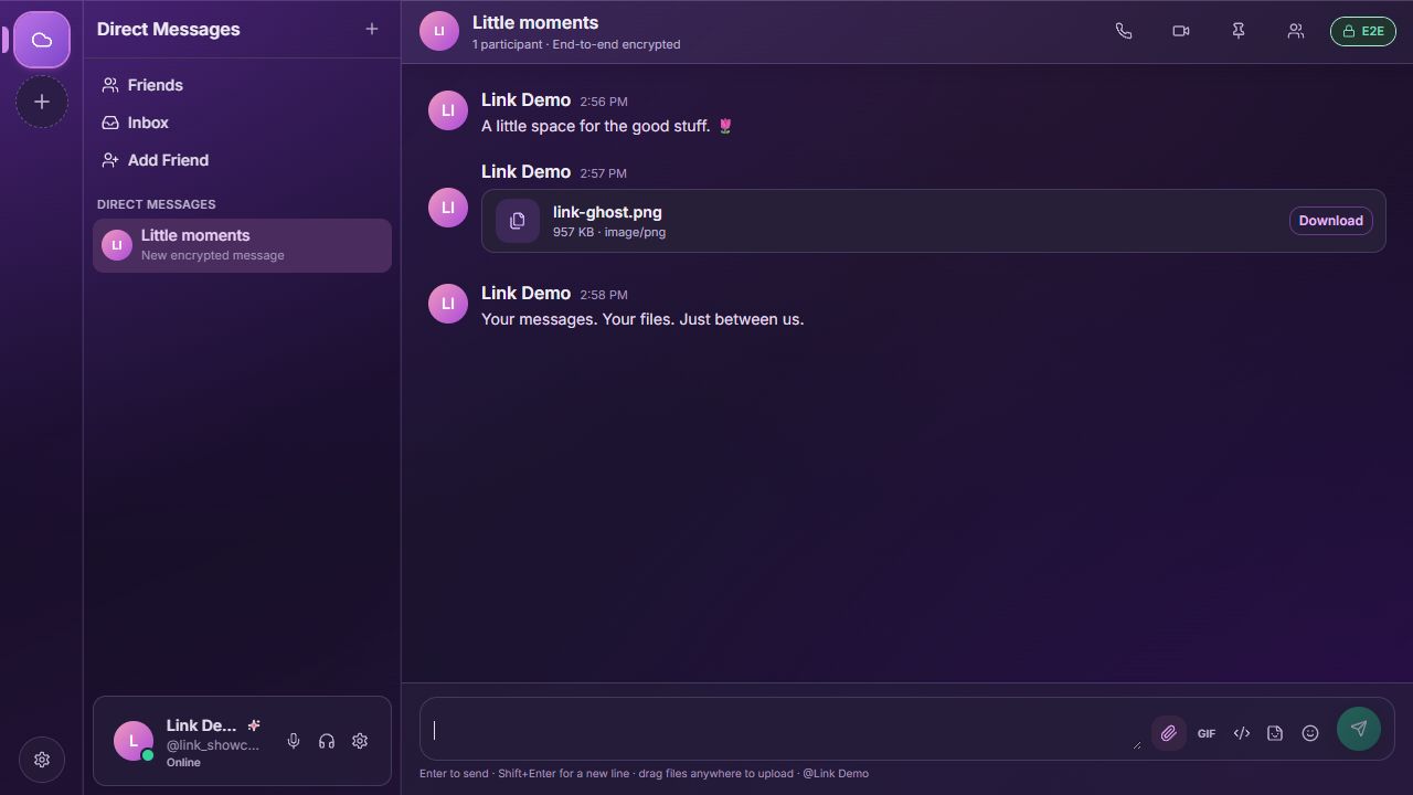 An encrypted Little moments group chat in Link, with sample messages and a shared file