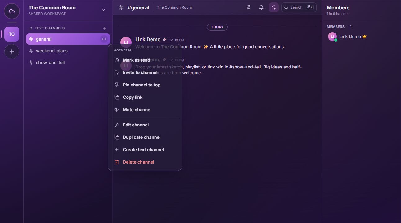 Link’s channel menu with options to invite people, pin, mute, edit, and organize channels.